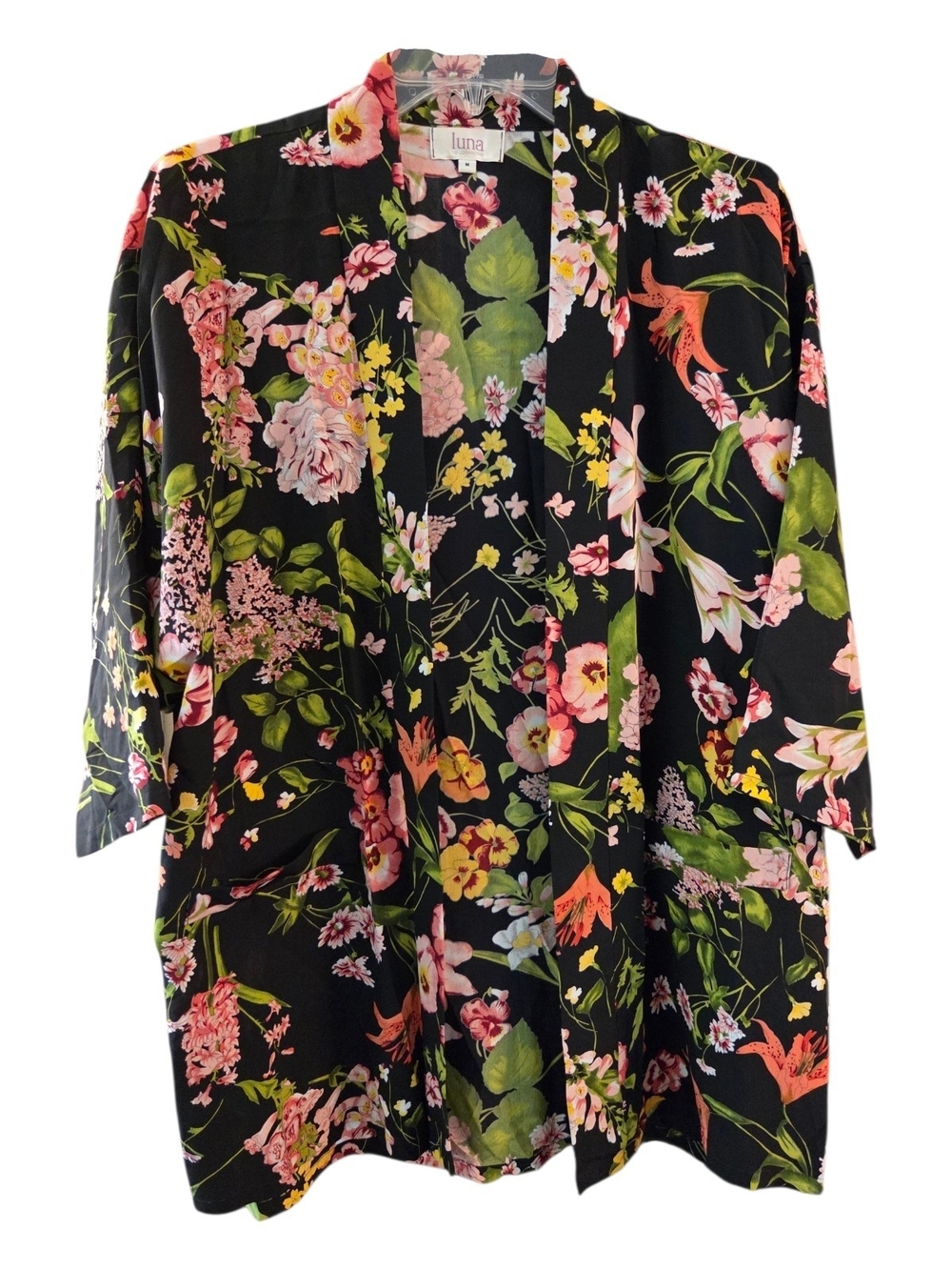 Luna Floral Open-Front Duster Cover-Up - Black with Pink & Green Floral - Size M